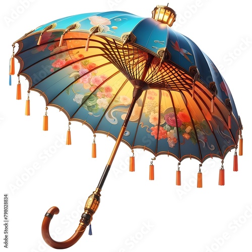 An umbrella with a vibrant design, featuring a colorful pattern