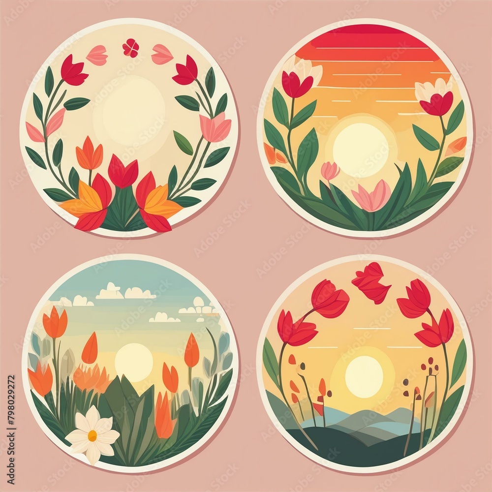 Circular Floral Wreath Stickers featuring tranquil sunset hues and delicate florals