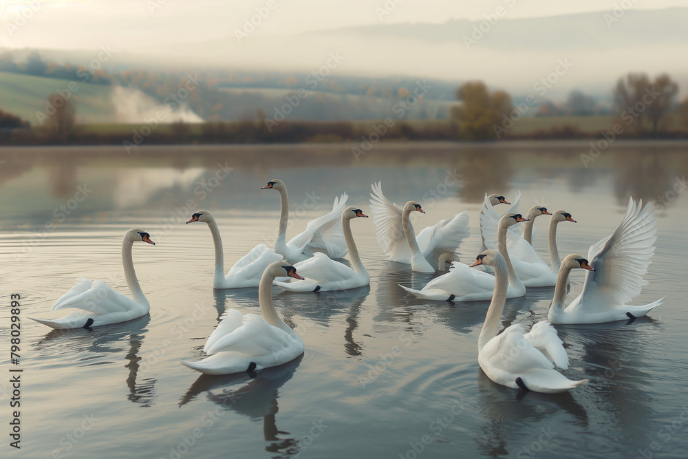 swans on the river, Drift into a realm of serenity and grace with an aerial view of a flock of swans dancing across the tranquil waters below
