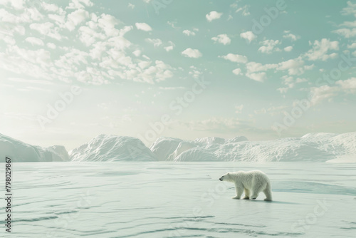 A lonely polar bear on an ice floe with the open sea behind  symbolizing the challenges faced by wildlife due to climate change and melting sea ice.  