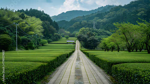 wide green tea field.wide walking road in the middle of photo