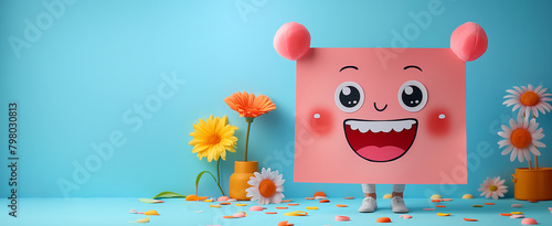 Happy smiling face, mental health concept, positive thinking and attitude, emotion, support and evaluation, cartoon with flowers