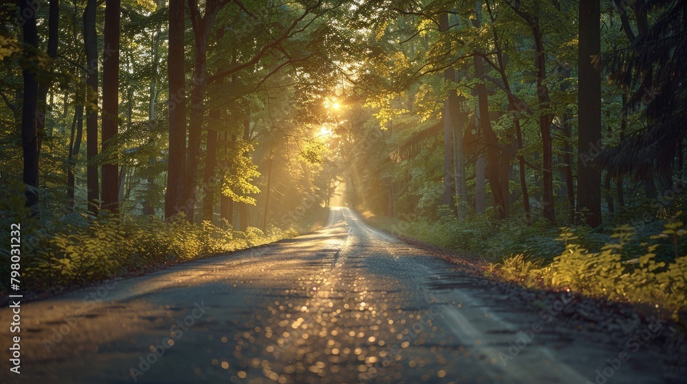 Road with bold message leading into a sunlit forested landscape.