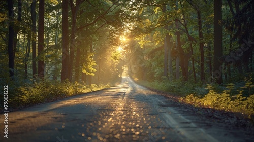 Road with bold message leading into a sunlit forested landscape.