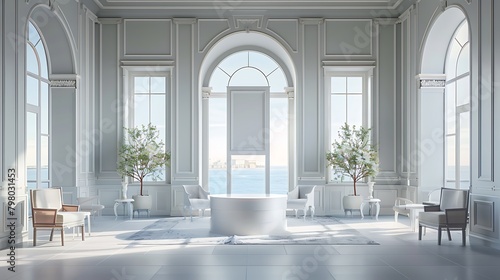 a visually striking AI-generated image featuring an 18th-century-inspired room with symmetrical arrangements and large sea-view windows © Salma