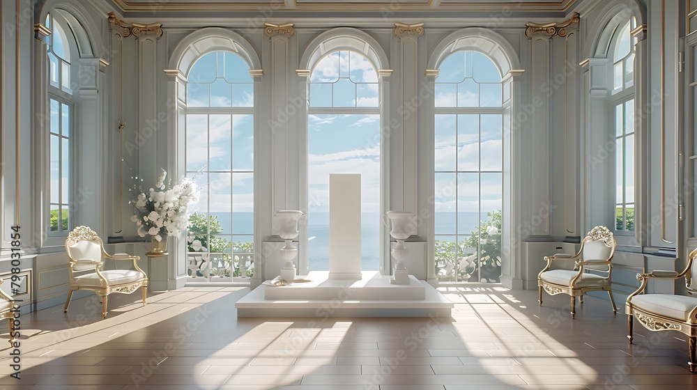 a visually stunning AI depiction of a spacious room with 18th-century aesthetics, large sea-view windows, and symmetrical arrangements