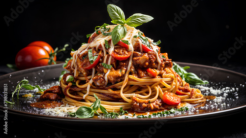 A plate of spaghetti with meat sauce, garnished with fresh basil and Parmesan cheese