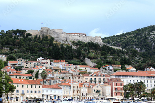 View on the old town of Hvar and the Fortica fortress, island Hvar,  Croatia photo