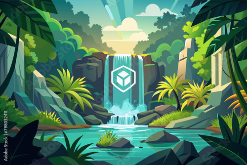 logo mockup projected onto a waterfall in a tropical jungle