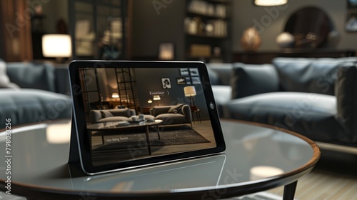 Modern interior design viewed through a tablet on a glass table