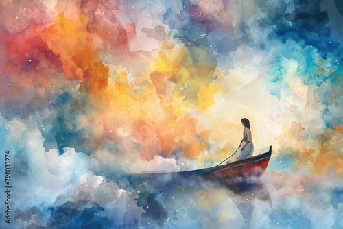 A painting of a woman sitting peacefully in a boat. Suitable for various design projects