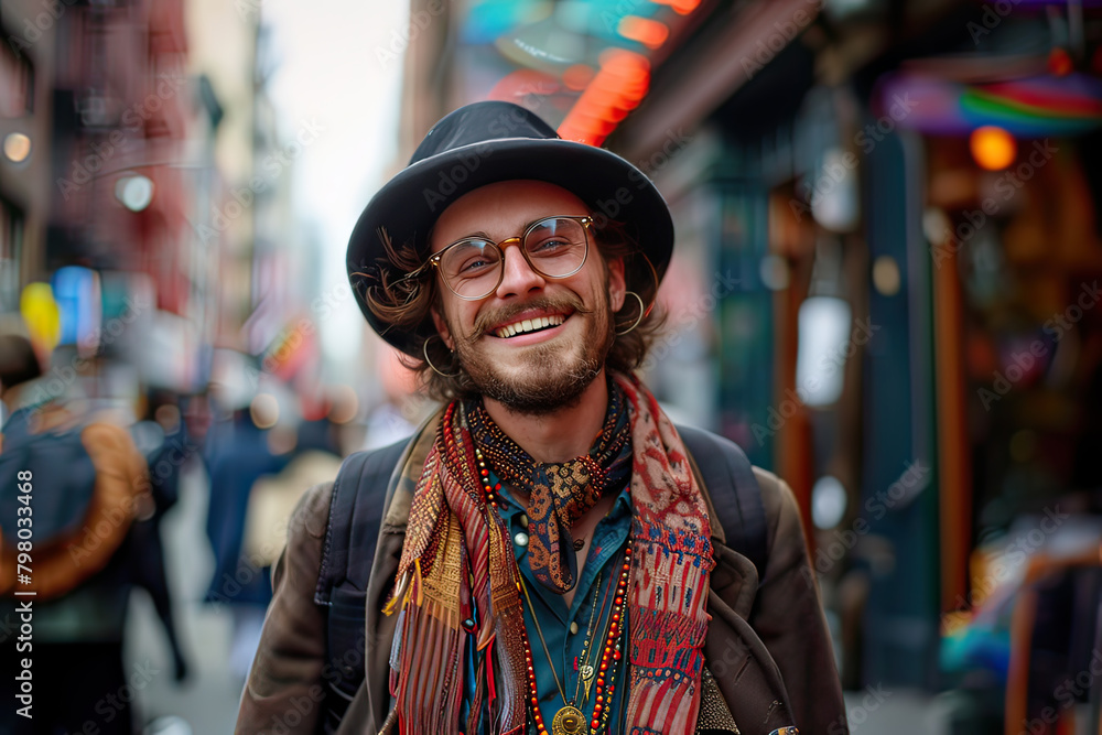 Young man with beard and a hat is smiling outside on the sidewalk. Generative AI. Young man with beard and a hat is smiling outside on the sidewalk. Generative AI.