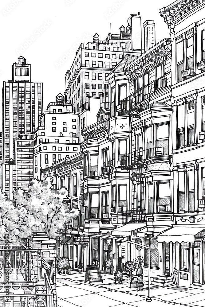 A pen drawing of a street with brownstones and a tree in the foreground.