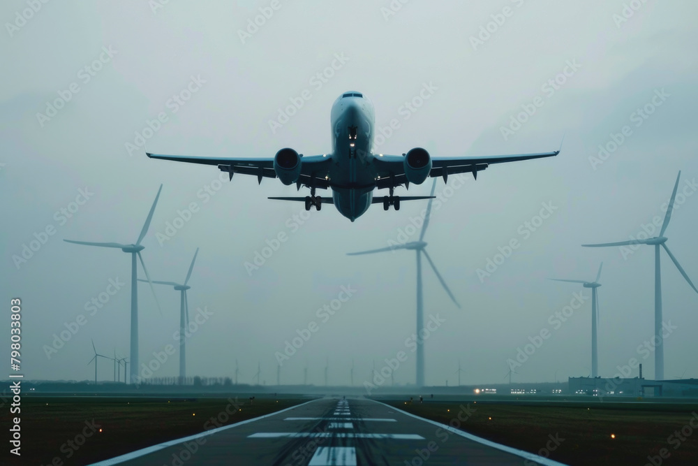 A passenger aircraft taking off with wind turbines in the background, showcasing the juxtaposition of traditional and renewable energy sources.
A passenger aircraft taking off with wind turbines in the background, showcasing the juxtaposition of traditional and renewable energy sources.