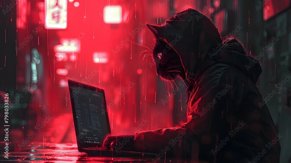the shadows of the digital underworld as you witness an abstract cat hacker in action, their silhouette silhouetted against the glow of a laptop screen