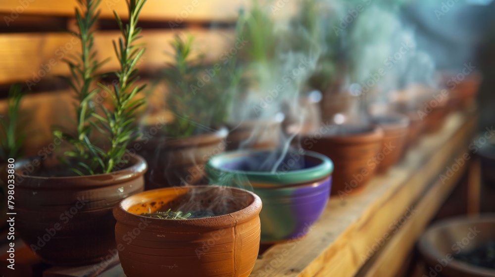 A row of different colored clay pots filled with herbal steam used to enhance the sauna experience..