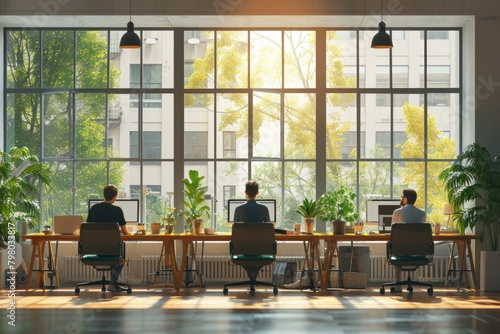 Modern office interior with employees. Creative office workspace with big window, desktop, laptop.