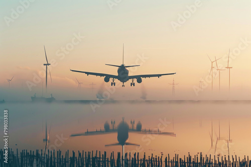 A passenger aircraft taking off with wind turbines in the background, showcasing the juxtaposition of traditional and renewable energy sources.