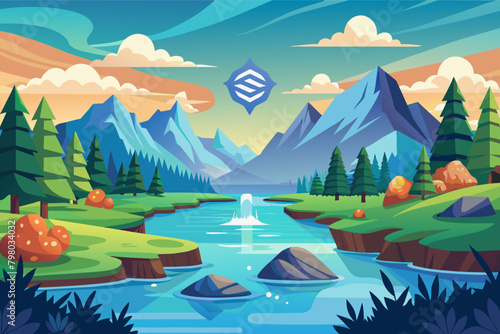Illustration of a serene landscape with mountains, trees, a river, waterfall and clear blue sky with clouds. A stylized diamond-shaped icon with a geometric pattern hovers in the sky.