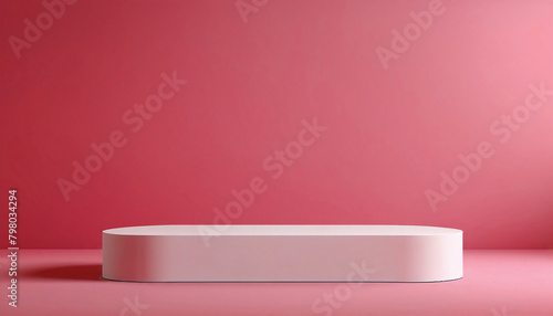 Empty podium or pedestal display on light red background with stand concept. Blank product shelf standing backdrop. 3D rendering. 