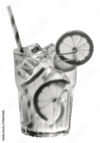 glass with lemonade straw ice isolated retro halftone grunge dotted texture collage element