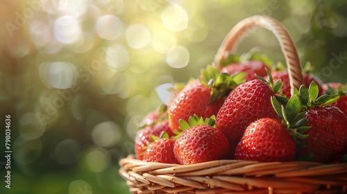 Wicker basket of strawberries with soft focus on greenery.