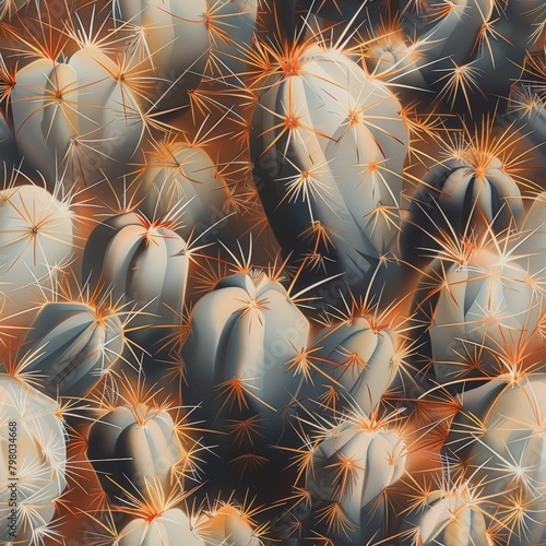 A detailed photograph showcasing a cluster of cacti with sharp golden spines glimmering against a soft  dark background.