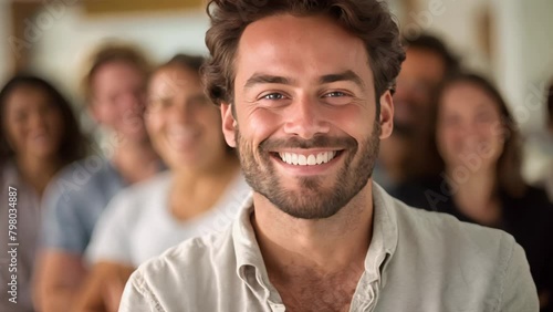 Portrait of a smiling young man in a seminar with people in the background. Positive engagement and learning concept. photo