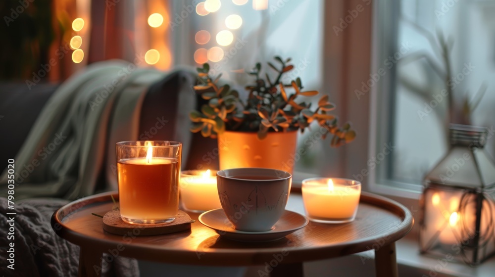 A small side table holds a cup of hot tea and a few lit candles creating the perfect setting for a relaxing reading session. 2d flat cartoon.