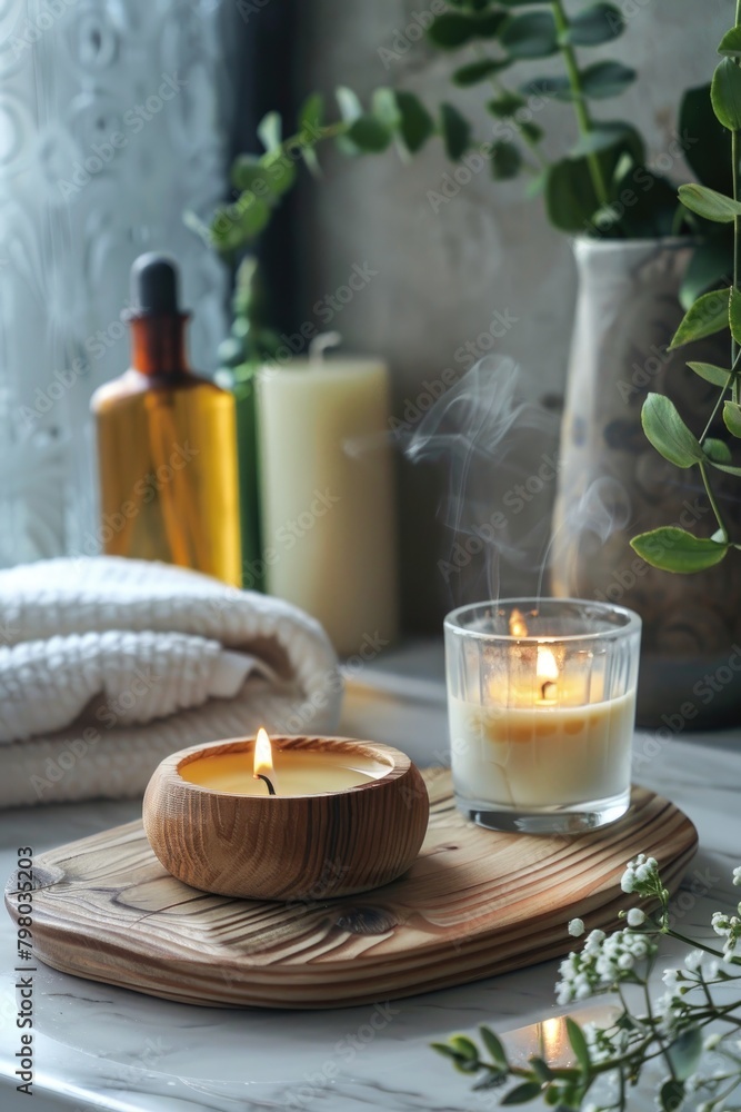 Serene Home Spa Atmosphere with Scented Candle and Aromatherapy Serene Home Spa Atmosphere with Scented Candle and Aromatherapy