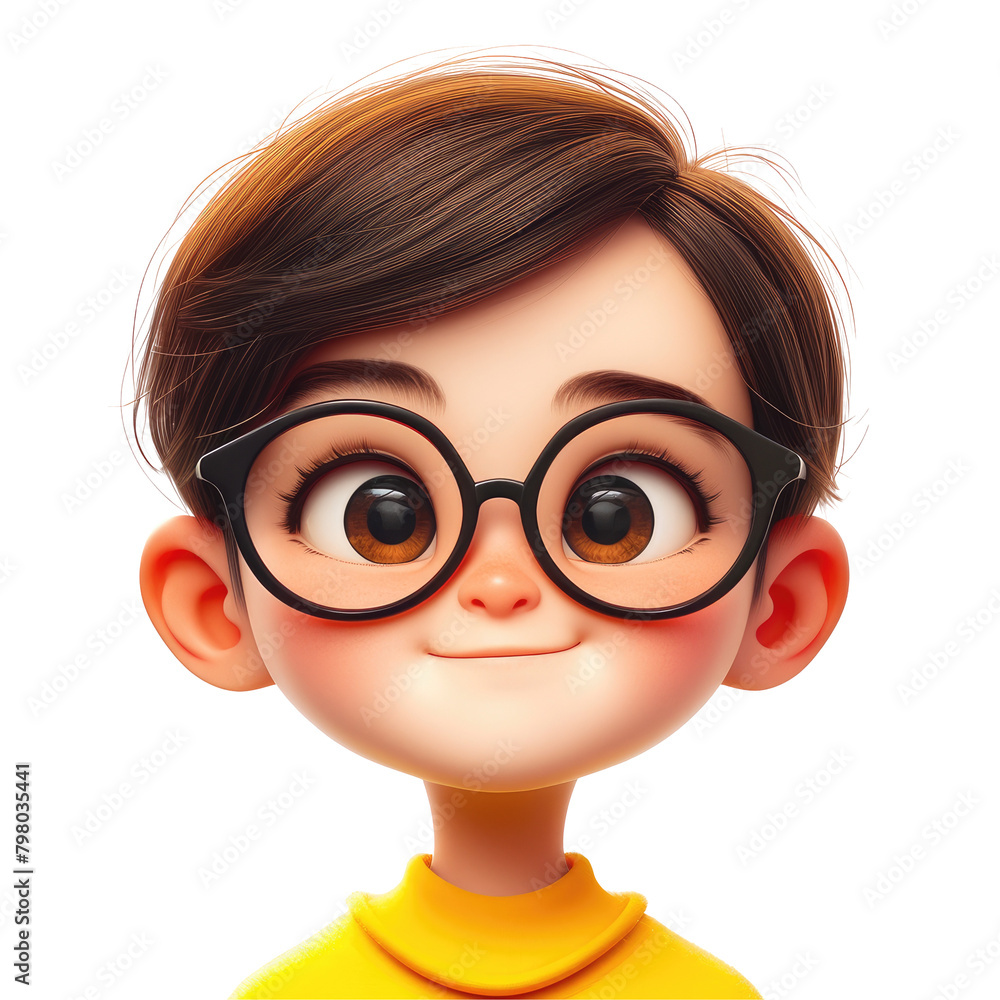 A close up shot of a comical youthful cartoon character sporting glasses set against a clean transparent background A close up shot of a comical youthful cartoon character sporting glasses set against a clean transparent background