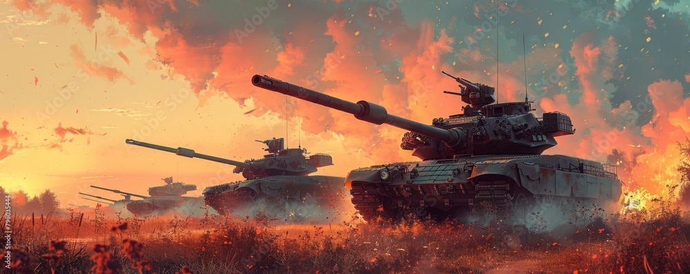 Stylized military tanks in formation during a fiery sunset in a digital artwork