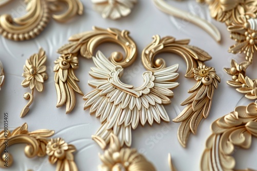 A collection of shiny gold brooches displayed on a white table. Perfect for fashion or jewelry concepts