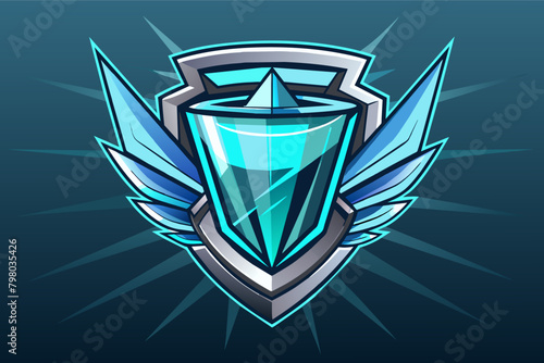 A stylized shield graphic with a large blue crystal in the center, surrounded by angular wings on a dark blue background. photo