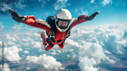 Skydiving. An young man is flying in the sky wearing red suite.