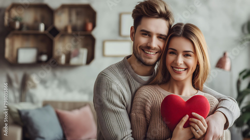 Happy couple sharing a moment of intimacy and joy, with the woman holding a heart, Valentine's Day photo