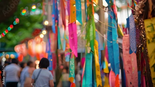 Colorful paper streamers with Japanese characters hanging at a festival.  photo