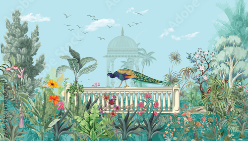 Bild auf Leinwand Mughal garden, peacock, arch, bird illustration for wallpaper