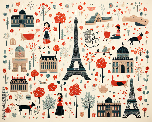 Charming Paris pattern, handdrawn animals and icons, seamless for stationery ,  flat graphic drawing