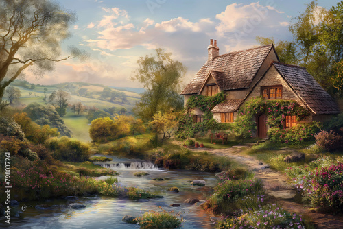 village in the mountains, Enter a world of rustic elegance with an enchanting artwork framed in the English countryside style,