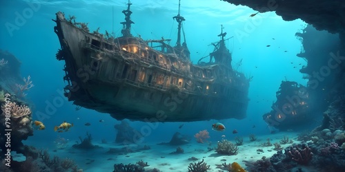 Abandoned ship wreck in the blue sea, underwater panorama