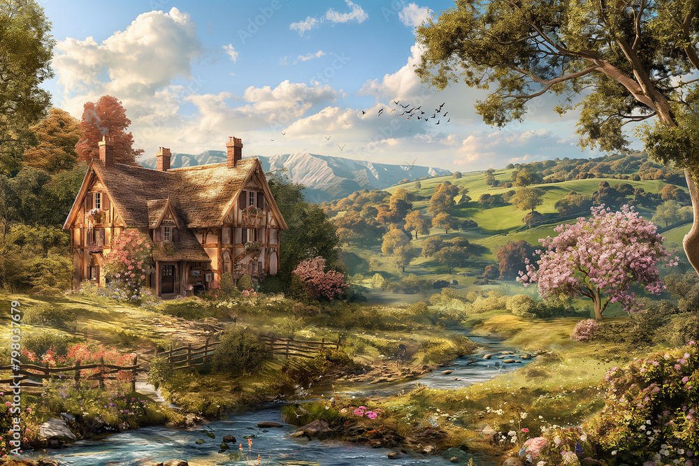 old house in the mountains, Enter a world of rustic elegance with an enchanting artwork framed in the English countryside style,