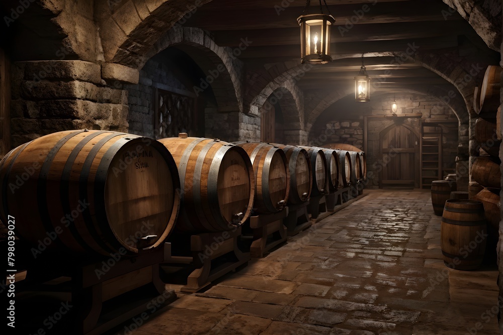 wine cellar filled with oak barrels wine cellar filled with oak barrels