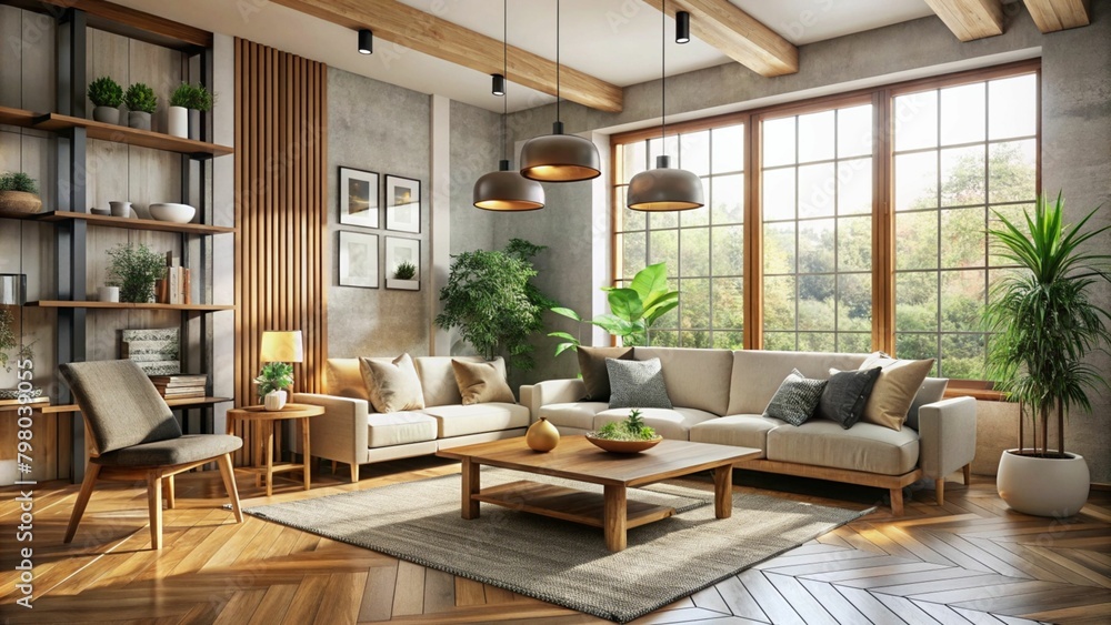 Modern interior japandi style design livingroom. Lighting and sunny scandinavian apartment with plaster and wood. 3d render illustration.