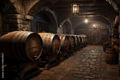 wine cellar filled with oak barrels