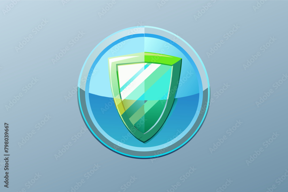A green and blue shield icon encased in a circular glossy bubble on a grey background.