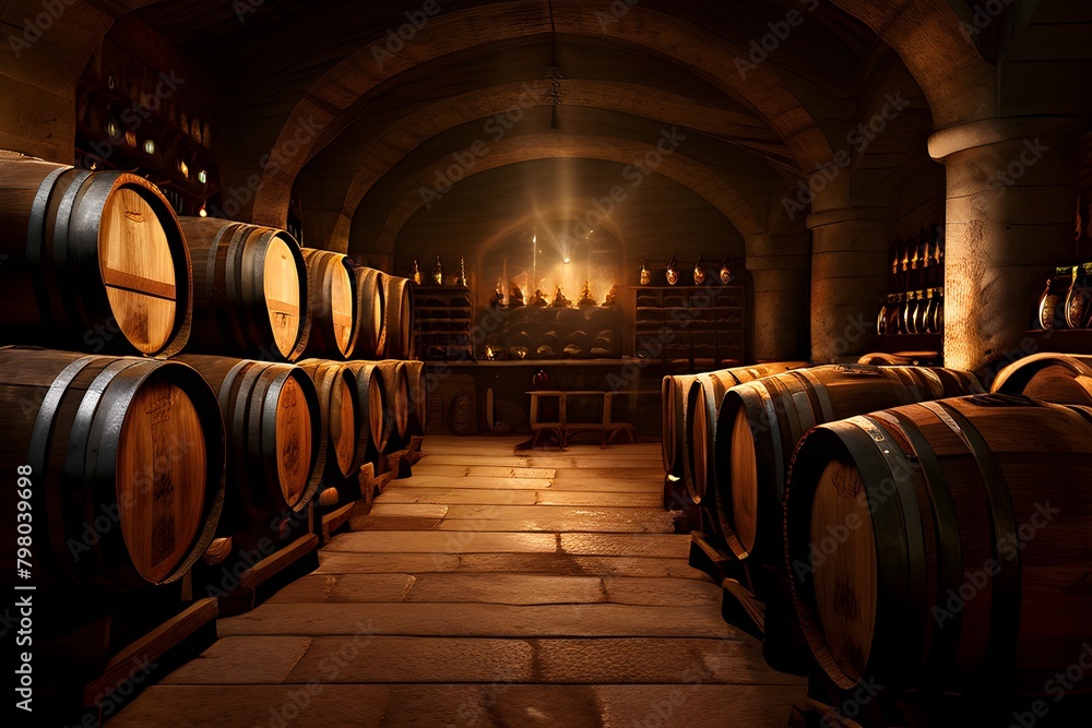 wine cellar filled with oak barrels