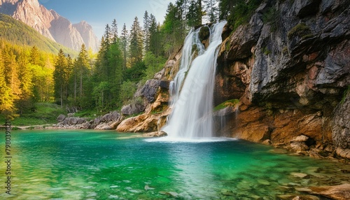 A majestic waterfall cascading down a rocky cliff into a crystal-clear pool