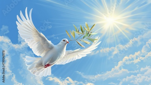White Dove or pigeon of peace with olive branch in beak, on blue sky with clouds background. Symbol of hope and harmony, denouncing war. Concept of conveying messages for peace and unity.  photo