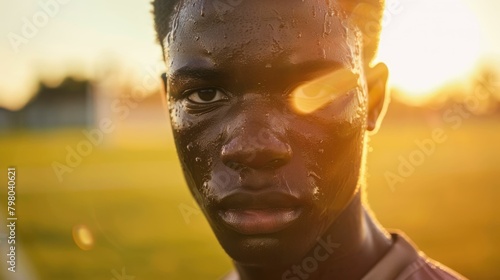 The close up picture of the african soccer or football player is exhausted after exercising or playing football, the football player require training, physical endurance and football technique. AIG43.